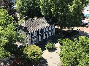 Das ifs-Haus im Sommer, umgeben von grünen Laubbäumen