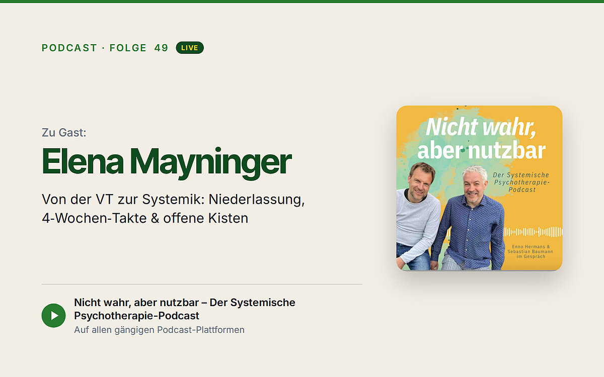 Podcast „Nicht wahr, aber nutzbar“, Folge 49, live: zu Gast Elena Mayninger. Von der VT zur Systemik: Niederlassung, 4-Wochen-Takte & offene Kisten